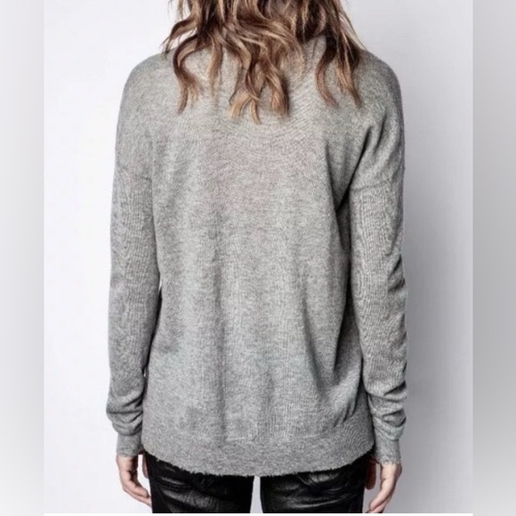Zadig & Voltaire Happy M Wings V Neck Sweater Dark Gray Cashmere Size S NWOT - Picture 3 of 9